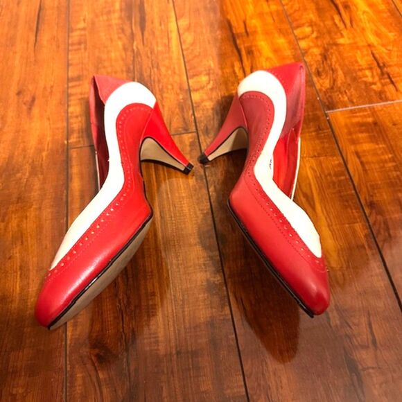 Apostrophe Shelby Vintage 1960's Leather Brazil Red-White Wingtip Heels Shoes 6B - Picture 2 of 7